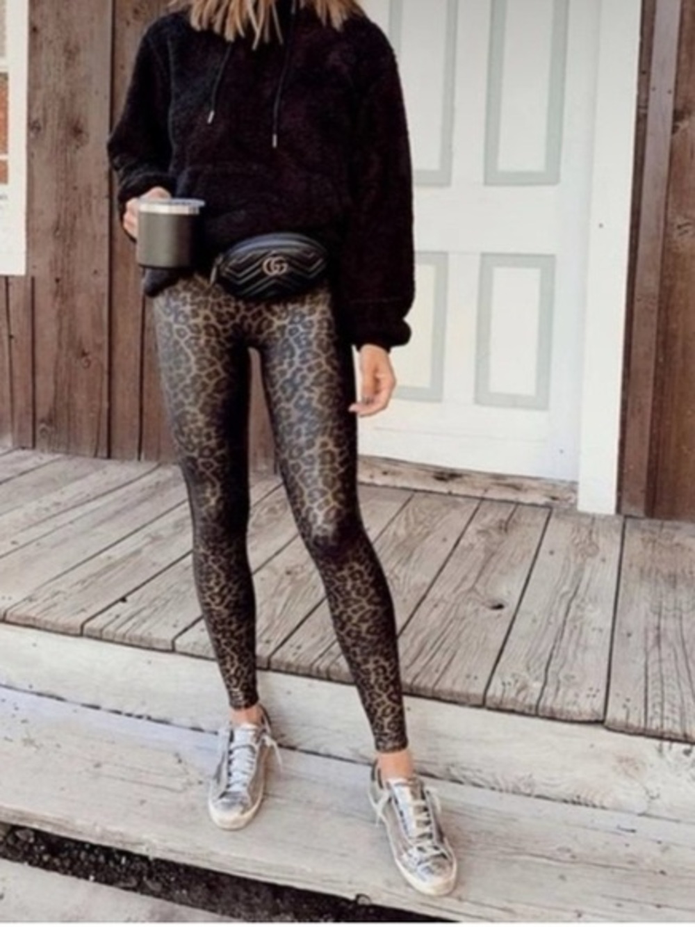 NWT SPANX Faux Leather Leopard Shine Leggings - Black & Brown Medium Petite